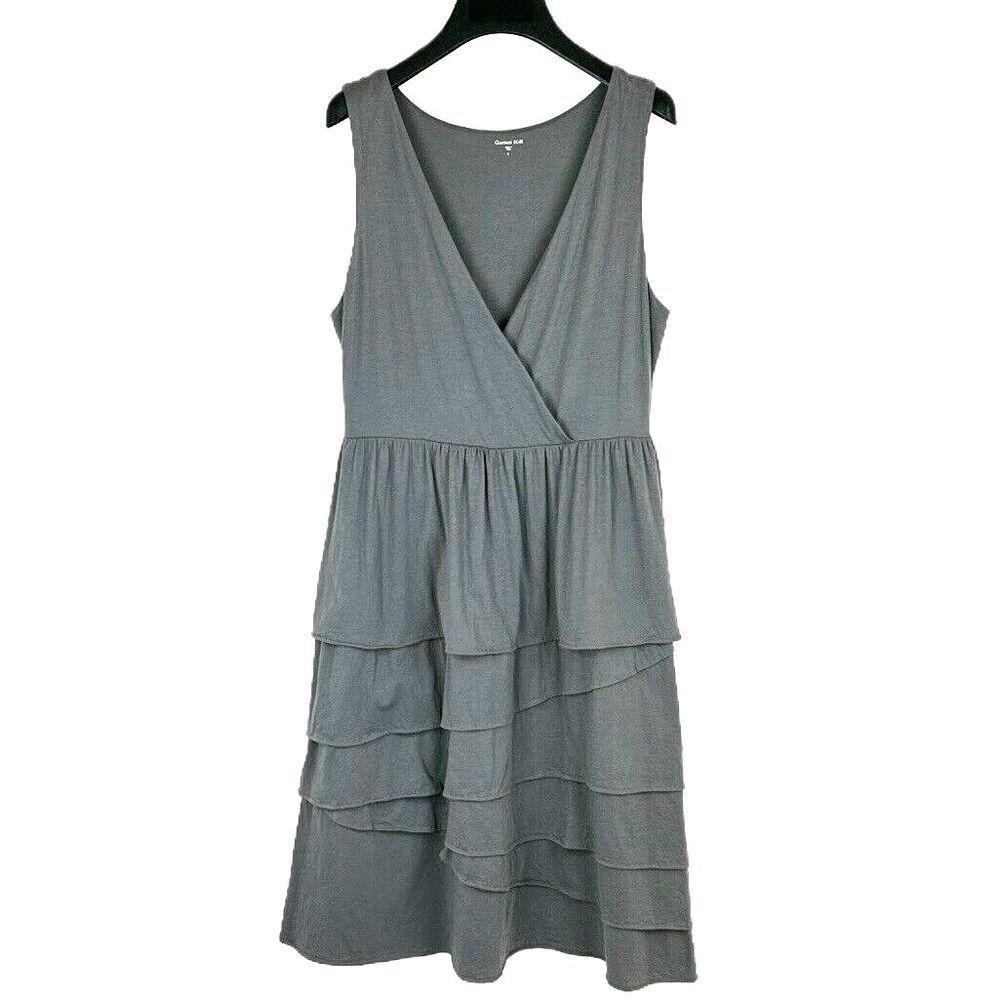Garnet Hill Tiered Faux Wrap Dress Sz S Gray Sleeveless V-Neck Cotton Sundress